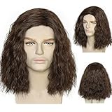 ANOGOL Wig Cap+ Shoulder Length Dark Brown Curly Wigs for Men Brown Wavy Medium Length Wig 80s Men‘s Disco Hair 70s Rock Star Synthetic Party Wigs Macho Soldier Medival Costume for Halloween Cosplay