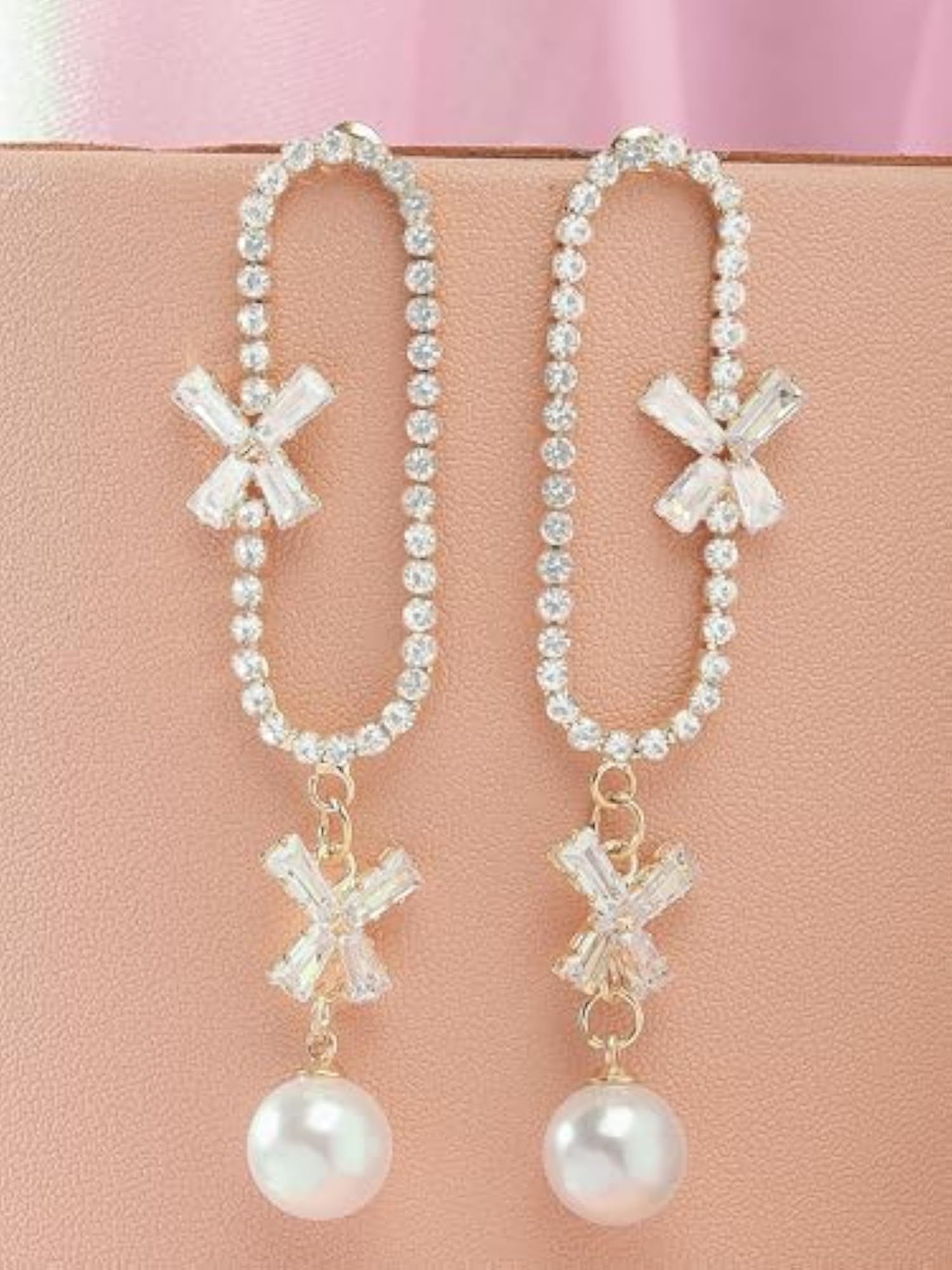 Pearl & American Diamond Drop Earrings, Elegant Design