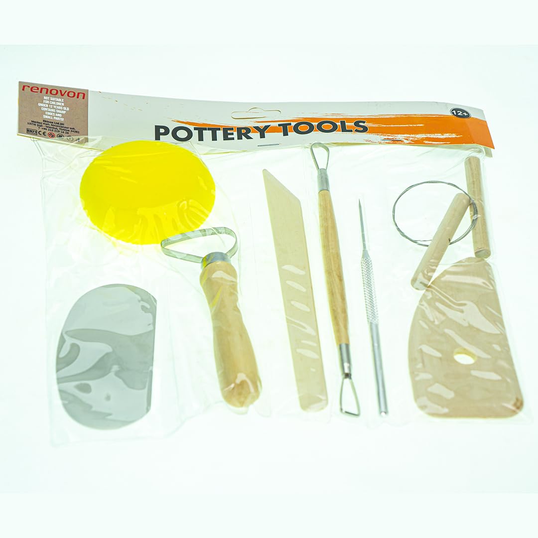 RENOVON Ahşap Saplı Seramik ve Doğal Kil Hamuru Oyma Şekil Verme Alet Seti Yeni Başlayanlar İçin Ceramic Şekillendirme El Aleti Seti (Kırmız Kil/Terra Cotta Clay) Pottery Tool kit