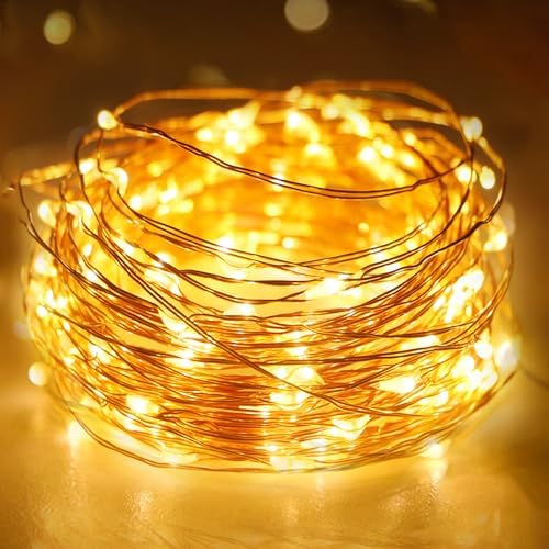 MUSUNIA Catena di luci a batteria per esterni, timer 5 m, 50 LED, batteria esterna, IP65, impermeabile, luce bianca calda, per interni, per Natale, camera da letto, feste, matrimoni (2 pezzi