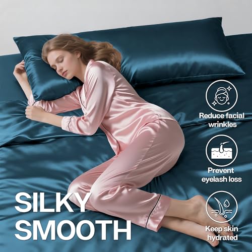Image of MR&HM Satin Body Pillow Cover, Soft and Breathable Body Pillow Case with Envelope Closure, Cooling and Silky Long Pillowcase for Hair and Skin,Grey (20x54, Teal)