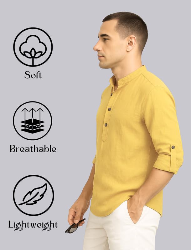 Image of DEEMOON Men's Cotton Blend Solid Regular Fit Full Sleeve Short Kurta | Men's Trendy Short Kurta