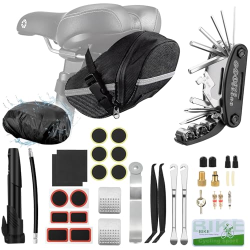 GOHHME Fahrrad Reparaturset 16-in-1-Multifunktionswerkzeug Fahrrad Werkzeugset mit Wasserdichtem Deckel Mini-Pumpe 12 Reifenflicken mit Kleber Praktische Aufbewahrung Fahrrad Zubehör