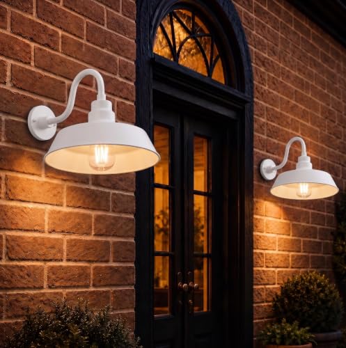 Image of 14in. White Outdoor Gooseneck Barn Light Fixture With 10in. Long Extension Arm - Wall Sconce Farmhouse, Antique Style - UL Listed - 9W 900lm A19 LED Bulb (5000K Cool White) - 2-Pack