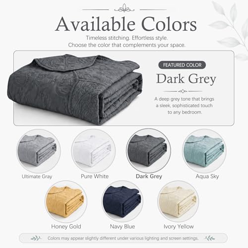 Image of HZ & HY Oversized Queen Bedspread, Stitched Paisley Quilt Set Queen Size, Lightweight Reversible Coverlet, Scalloped Edge - Modern Classic Look, 5 Piece, Dark Grey