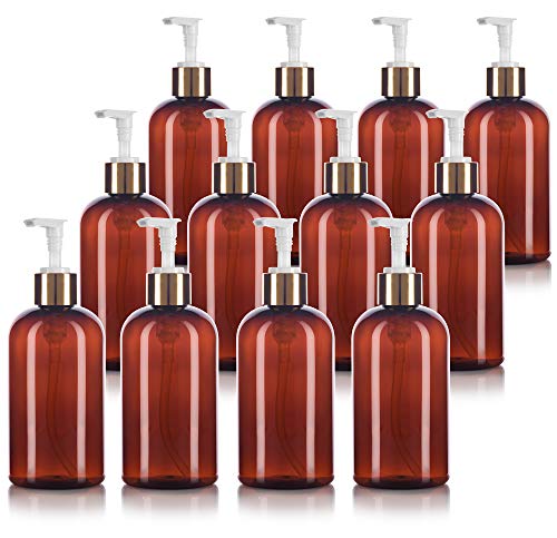 JUVITUS 8 oz Amber Boston Round PET Plastic Bottles (BPA Free) with (12 pack) (Gold Lotion Pump)