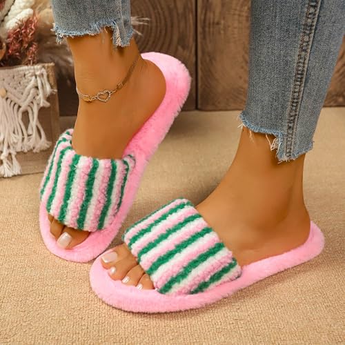 Women Fuzzy Fluffy Fleece Slippers Open Toe Cozy House Shoes Memory Foam Slides Fall Winter Warm Plush Soft Flat Slipper Comfy Non-Slip Indoor Outdoor Slip On Slippers Home Slides2
