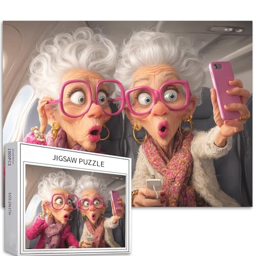 Two Old Ladies Taking a Selfie 1000 Piece Jigsaw Puzzles for Adults Selfie Scene Art Jigsaw Colorful DIY Puzzles for Home Decoration Gifts Family Puzzle Perfect for Game Nights 70×50 cm