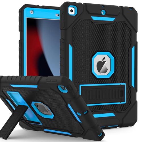 Image of ZoneFoker Case for iPad 9th /8th /7th Generation 2021 /2020 /2019(10.2 inch), Heavy Duty Military Grade Shockproof Rugged Protective 10.2 inch Cover with Built-in Stand for iPad 9 8 7 Gen (Black+Blue)