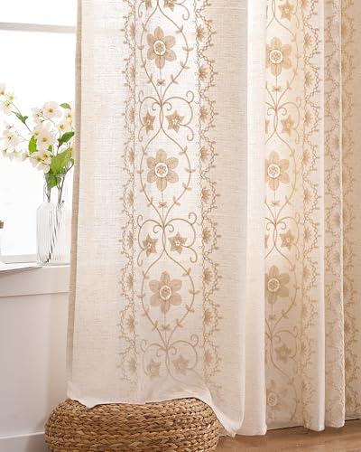 Boho Curtains 2 Panels for Living Room Ivory Vintage Floral