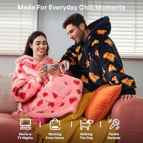Image of Giggling Getup Wearable Blanket Hoodie for Adults Gifts for Teen Girls Sister Women Sherpa Fleece Printed Hooded Blanket Sweatshirt Warm Cozy with Pocket & Sleeves Black Pizza