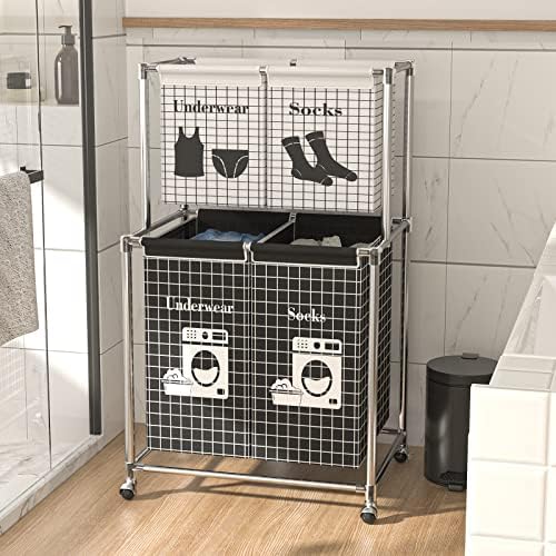TENNTOU 2-Tier Laundry Sorter Cart with Wheel, 4 Sections Laundry Hamper, Vertical Laundry Basket Organizer, Sturdy Frame with 4-Bags for Laundry Room, Bathroom, Living Room