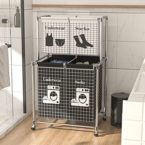 Tenntou 2-Tier Laundry Sorter Cart With Wheel, 4 Sections Laundry Hamper, Vertical Laundry Basket Organizer, Sturdy Frame With 4-Bags For Laundry Room, Bathroom, Living Room #TOP19