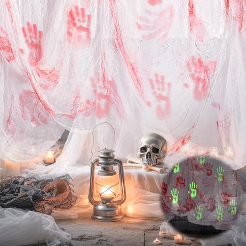 Tela Espeluznante de Halloween 500x215cm, Brilla en la Oscuridad, Halloween Tela Decoracion para Interior y Exterior, Fiestas, Casas Embrujadas, Puertas, Jardín – Negra/Blanco (Blanco)