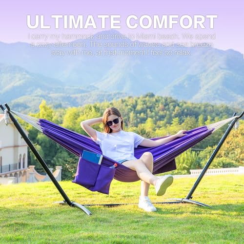 Image of PNAEUT Double Hammocks with Stand for Outside, Portable Space Saving Heavy-Duty Steel Stand for Indoor Outdoor Patio with Carrying Bag, 450 lbs Capacity (Purple)
