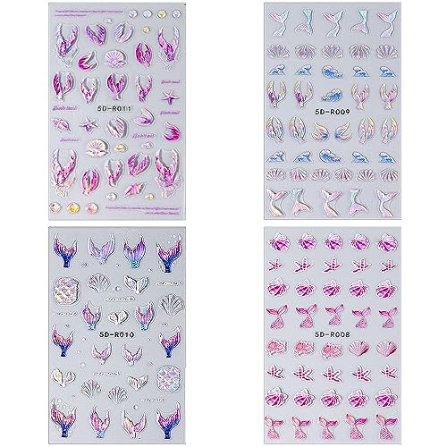 Jaliya JLA0182 5D Dreamy Mermaid Tail Nail Stickers Summer Nail Decals 5D Embossed Laser Mermaid Nail Art Stickers Sea Wave Fishtail Shellfish Starfish Nail Design Stickers Self Adhsive Ocean Stickers thumb #1