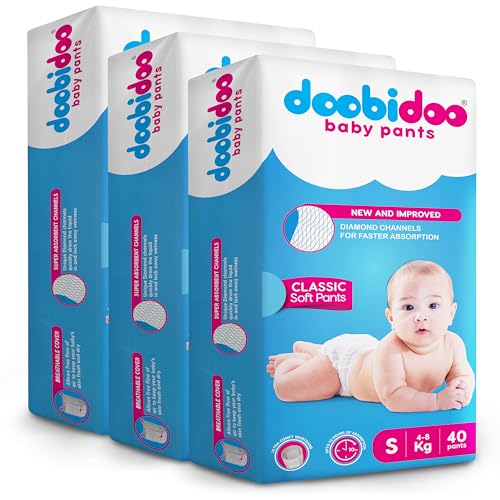 Image of Doobidoo Classic Baby Diaper Pants S Size (120 Count) | Cushiony Cotton | Diamond Channels | Rash Free | 10 Hours Absorption