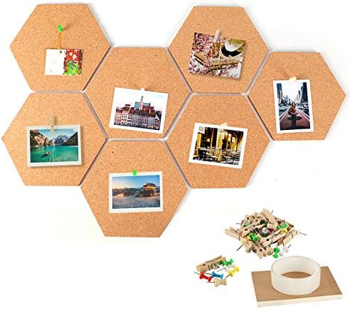 IZSUZEE Cork Notice Board 20x17.5 cm Set of 7, Self Adhesive DIY Pin Boards for Office Home Kitchen Kids Bedroom Walls Decor, Vision Mood Board Tiles with 10 Clips 30 Nails 1 Tape 1 A6 Memo Notepad
