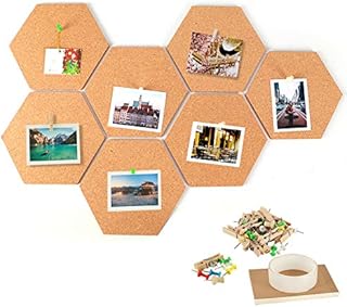 IZSUZEE Cork Notice Board 20x17.5 cm Set of 7, Self Adhesive DIY Pin Boards for Office Home Kitchen Kids Bedroom Walls Decor, Vision Mood Board Tiles with 10 Clips 30 Nails 1 Tape 1 A6 Memo Notepad