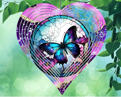 10 Inch Glitter Butterfly Heart Shaped Wind Spinner Yard Decor Aluminum Sublimated Garden Art Indoor Outdoor 3D Kinetic