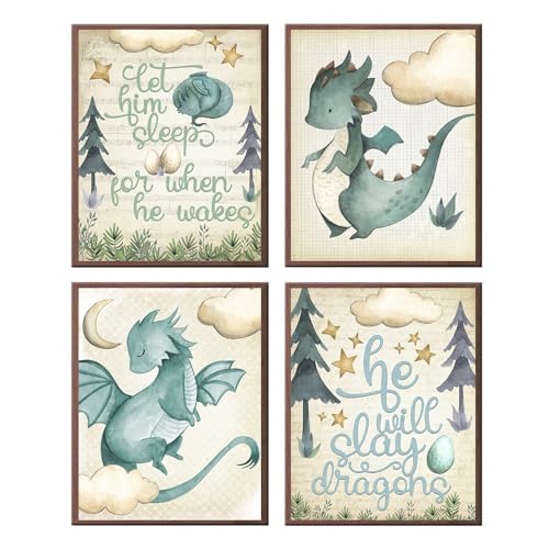 Silly Goose Gifts Let Him Sleep - Dragon Themed Wall Art Prints (Set of 4) Hanging Picture Nursery Kids Room Decor 8x10in