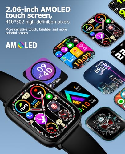 Image of Black Smart Watch for Men Women, Bluetooth Call, 2.06 inch HD AMOLED Fitness Tracker, 118 Sports Modes, Blood Pressure /Heart Rate /SpO2 /Sleep Monitor, IP68 Waterproof, Ideal Tech Gifts for Android iPhone