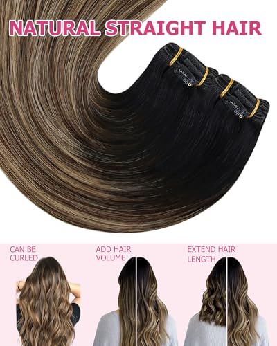 Image of YoungSee Ombre Clip in Hair Extensions Human Hair Long Straight Hair Extensions Clip ins Black Balayage Blonde with Brown Real Hair Extensions Clip in Human Hair for Natural Appearance 120G 24 Inch