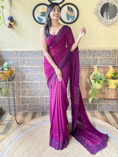 Image of AKHILAM Women's Georgette Embellished Saree With Unstitched Blouse Piece