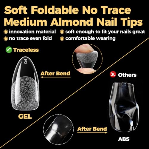 Image of UNA GELLA 600 Pcs Almond Gel Nail Tips, Pre Etched Medium Almond Nail Tips, 12 Sizes Full Cover Fake Clear Press On Nails for Flat & Curved Nails Bed Extension Home DIY Salon