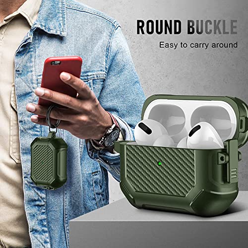Image of Printme for AirPods Pro 2nd Generation Case 2022, Carbon Fiber Secure Lock Clip Full Body Shockproof Hard Shell Protective Case Cover with Keychain for Apple AirPod Pro 2 (Green)