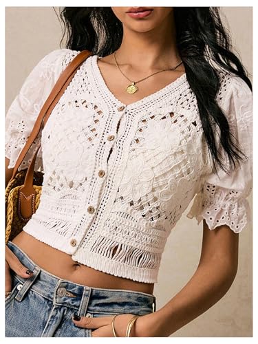 MakeMeChic Women's Floral Crochet Crop Sweater Eyelet Embroidery Puff Sleeve Button Down Cardigan3