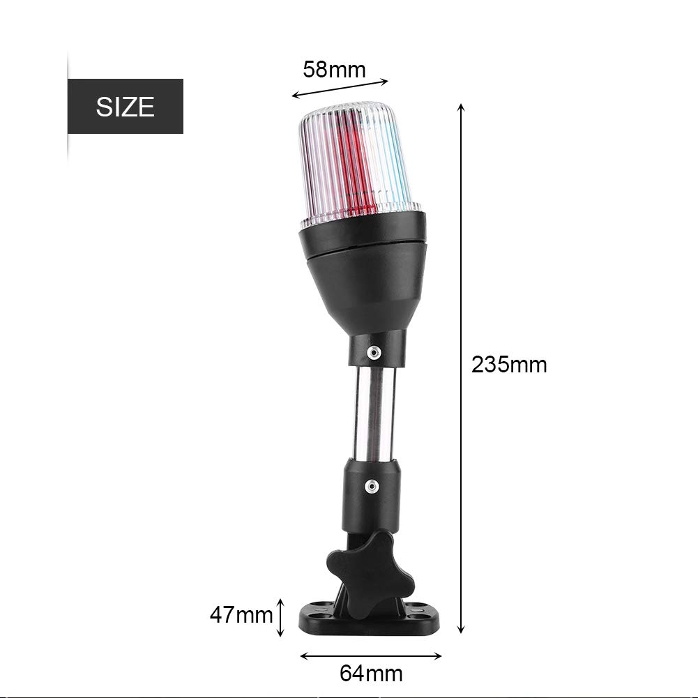 Feu de signalisation de yacht de lumière LED de bateau marin réglable, rivage tricolore rouge vert ancre arrière rabattable lampe de navigation à LED ancre de navigation lumières tout autour 360 °