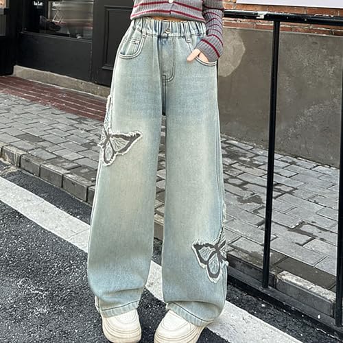 Girls Baggy Jeans Wide Leg Elastic Waist Buttlerfly Applique 𝗬2K Denim Jeans 𝗩intage Casual Wash Jeans2