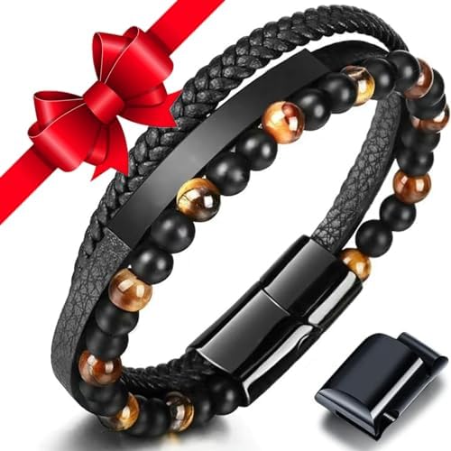 Cadeau Homme - bracelet homme，bracelet Cuir Perles，Bracelet Tripl...
