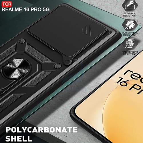 Image of AESTMO Tough Armor Realme 16 Pro 5G Bumper Back Case Cover | Ring Holder & Sliding Camera Shield Cover | 360 Degree Protection Back Case Cover for Realme 16 Pro 5G (Black)
