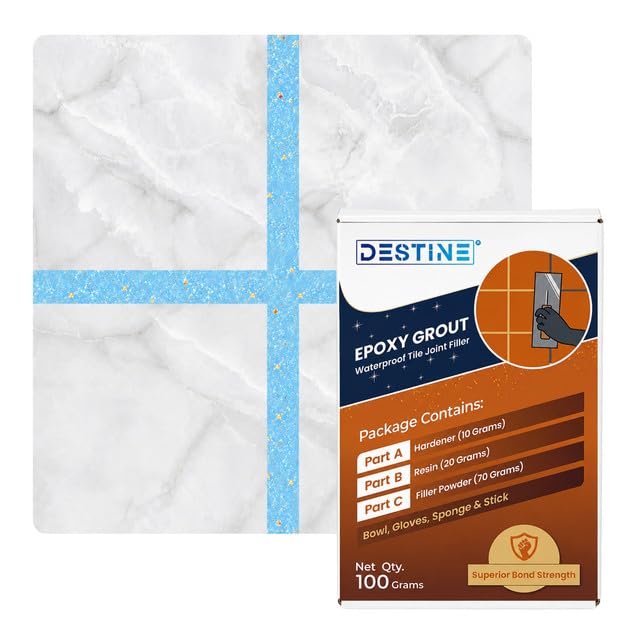 Image of DESTINE Epoxy Grout for Tiles (110 Colours)(100 g), Waterproof Joint Filler, Crack Filler, Tiles Gap Filler, Stain Free, Acid & Chemical Resistance Epoxy Grout (Sky Blue [Copper Glitter])