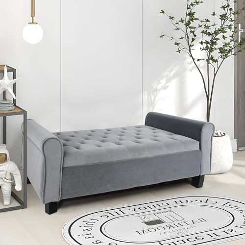 Storage Ottoman Bench with Arms, Velvet End of Bed Bench for Bedroom, Button Tufted Storage Bench...