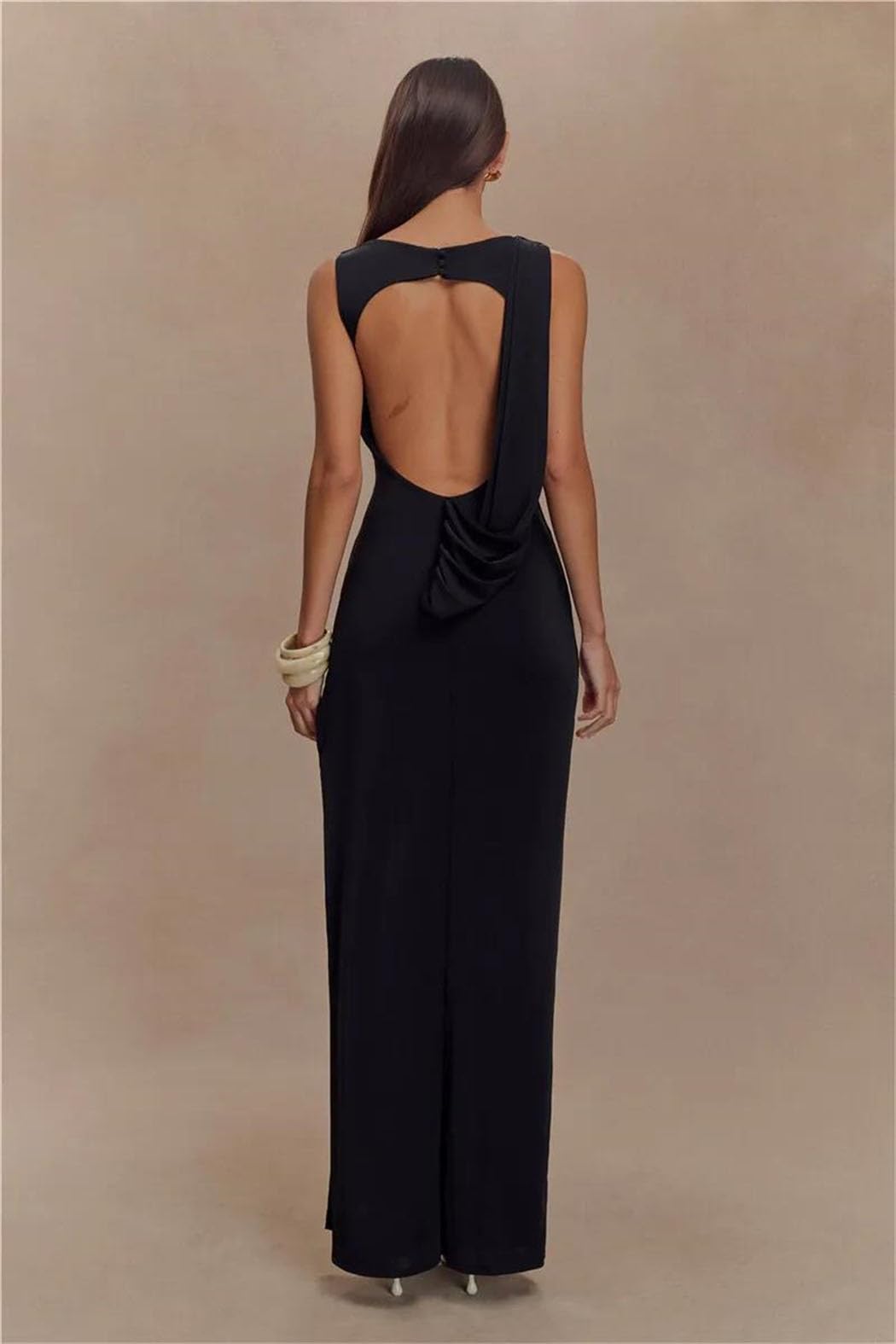 Generico Abito Lungo da Donna Senza Schienale con Scollo A O - Abito Estivo con Ruches con Spacco Alto Fino alla Coscia E Adatto for Le Vacanze al Mare(Black,Small)