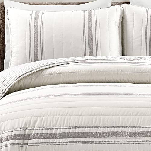 Image of Lush Decor Farmhouse Stripe Reversible Cotton Quilt King Size 3 Piece Set Gray - Farmhouse Bedding Set King Quilt - Striped Bedding