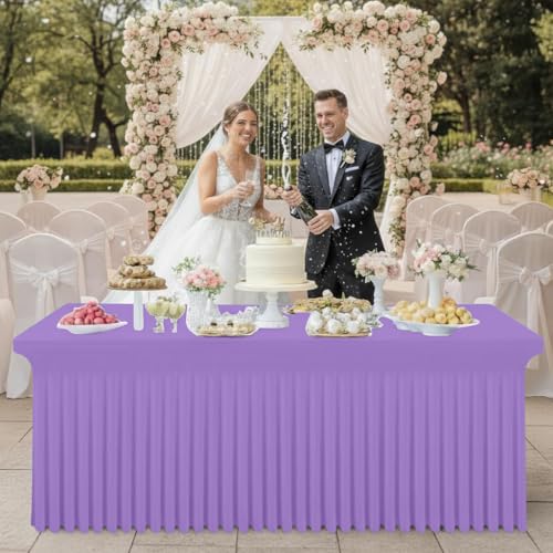 Image of Smiry Spandex Elastic Fitted Table Cloth Skirt for 6FT Rectangle Table | Stretch Washable Table Cloth, Banquet Table Cover for Wedding, Party, Indoor & Trade Shows, (Lavender, 72Lx30Wx30H)
