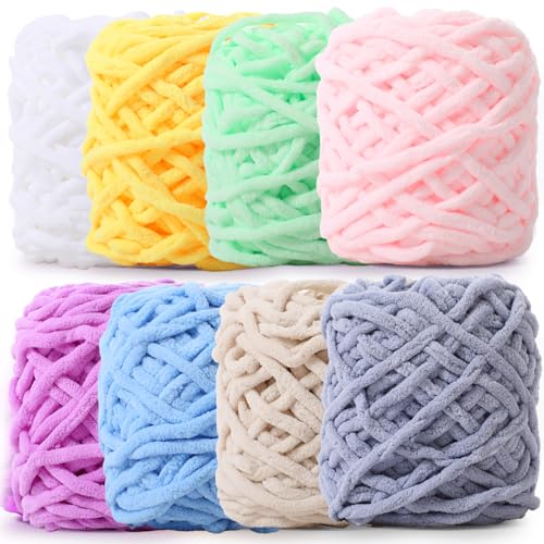 Image of Buryeah 8 Pack Chunky Chenille Yarn for Crocheting Soft Thick Fluffy Yarn for Hand Knitting Bulky Velvet Blanket Plush for Weaving DIY Crafts Each 3.5 oz 55 Yards (Vivid Colors)