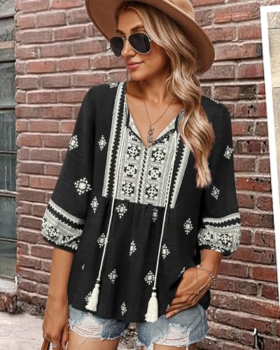 Image of Vivilli Womens Summer Boho Babydoll Tops 3 /4 Sleeve Pleated Peplum Blouses Casual V Neck Tie Front 2026 Tunic Tops