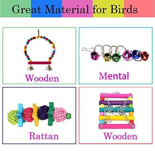 ESRISE 8 Pcs Parakeet Cockatiel Bird Toys, Hanging Bell Pet Bird Cage Hammock Swing Toy Wooden Perch Chewing Toy for… - Image 6