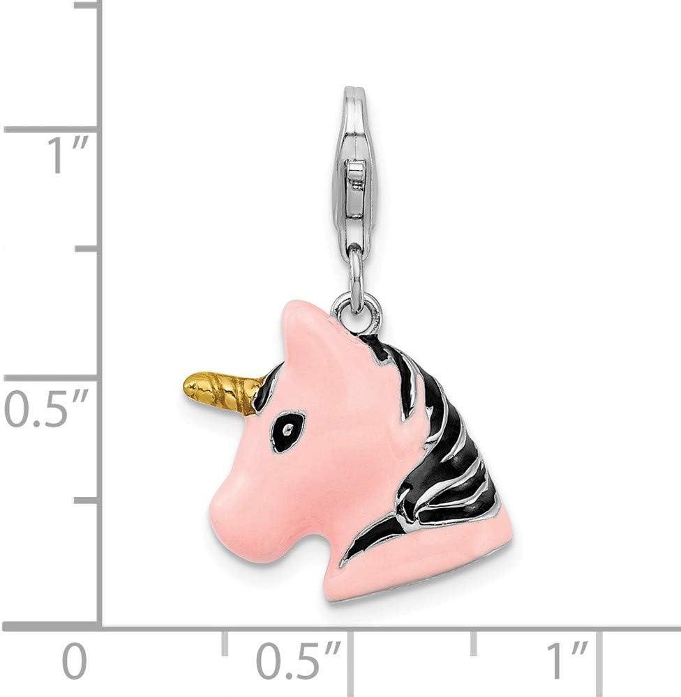 Solid 925 Sterling Silver 3-D Enameled Unicorn Head Lobster Clasp Charm (0.67 x 1.42 Inches)