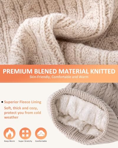 FISFET Mütze, Schal & Handschuh-Sets für Damen, Beanie Mütze Damen Winter mit Bommel Fleece Gefütterte, Touchscreen Handschuhe Schal Wärmer Cap 3 in 1 Set(Haferflocken)