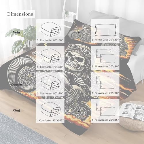 Image of Black Skull Comforter Set King: 1 Comforter 2 Pillowcases, Vintage Motorcycle Skeleton Bedding Set for Boys Adults Men, Halloween Gothic Quilt Bedroom Decor