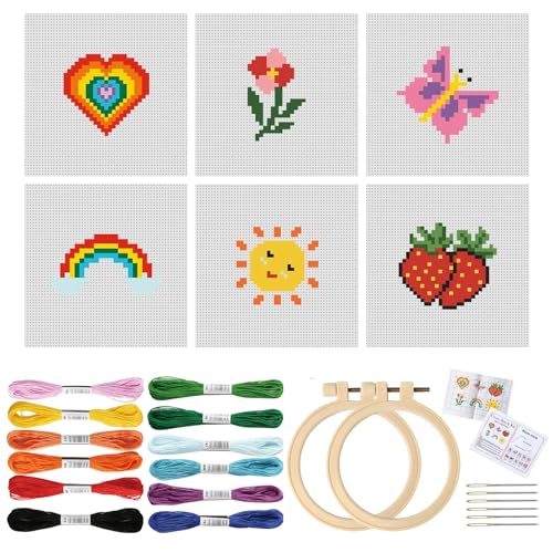 6 Pcs Cross Stitch Beginner Kit for Kids 8-15 Includes 6 Embroidery 12 Colorful Embroidery Threads 6 Embroidery Needles 2Embroidery Hoops&Instructions - Heart Butterfly Rainbow Flower Sun Strawberry
