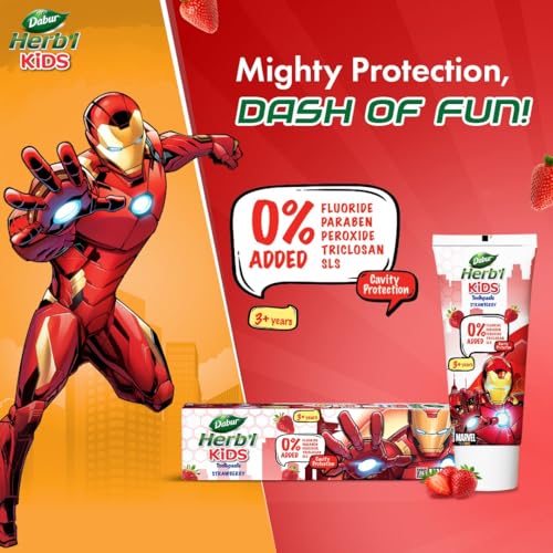 Image of Dabur Herb'l Kids Iron Man Toothpaste - 160g (80g x 2) | Strawberry Flavour | 3+ Years | No Added Chemicals | Cavity Protection | Fights Germs | Strong Teeth & Healthy Gums | SLS & Fluoride Free