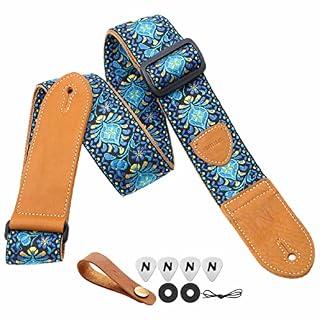 Nefelibata Sangle de guitare, double extrémités en cuir, tissé vintage avec 4 médiators + verrous de sangle + bouton de sangle - Les Beatles, Paul McCartney, John Lennon, RIngo Starr, George Harrison