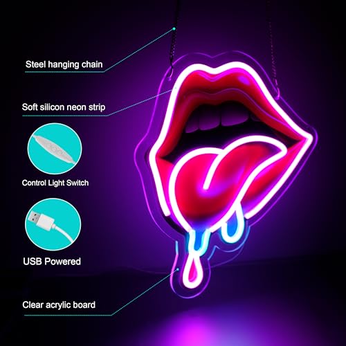 Image of Lips Big Tongue Neon Sign,Innovative Integral Forming Process,With Dimmable Switch For All Holiday Party and Home Decoration